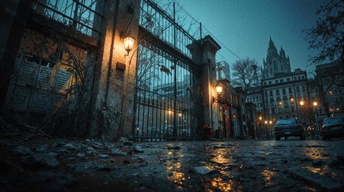 雨上がりの石畳通りを照らすガス灯の夜景