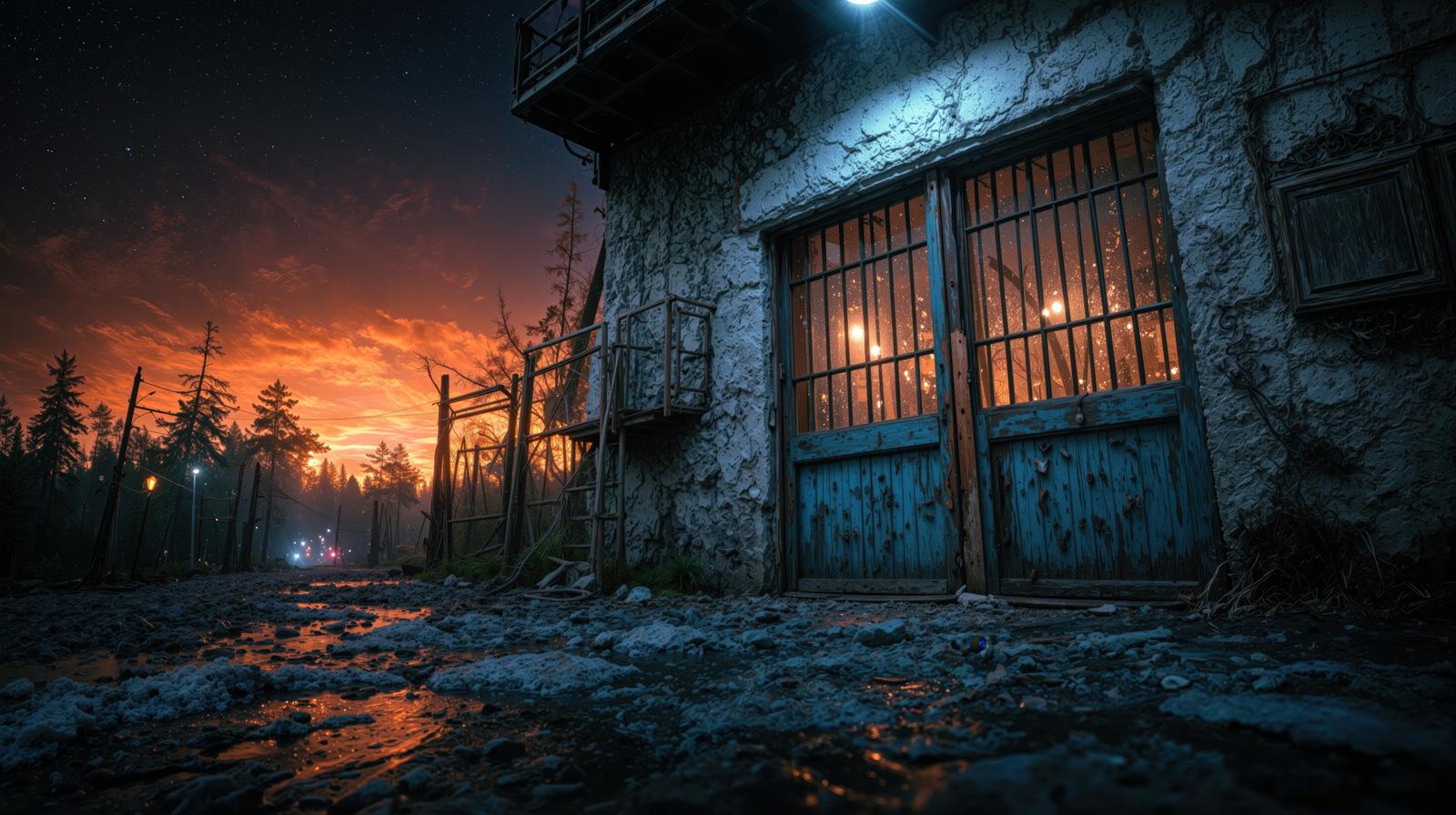 A wooden door of an old stone building, with light spilling out from the latticed windows against a sunset sky