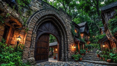 森に囲まれた石造りのアーチ門と階段のある木造コテージ村
