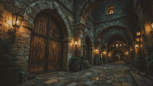 石畳とアーチ構造が連なる中世風回廊の夜景