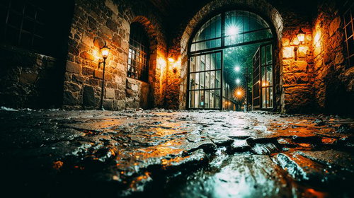 雨に濡れた石畳と広がる城門