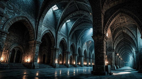 石造りアーチが連続する大聖堂内部の荘厳な回廊空間