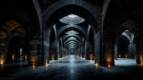 暗闇に松明の光が灯る石造アーチ回廊