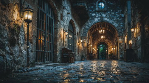 ランプの暖色光が石壁を照らす西洋風アーチ型石造回廊