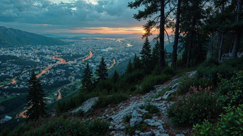 山頂から見下ろす夕暮れ時の市街地パノラマ