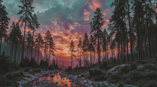 赤紫に染まる針葉樹林と夕焼けに映る小川の風景