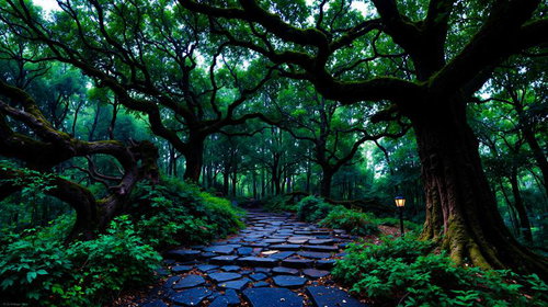 太い樹木と木漏れ日が差し込む散策路