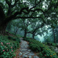 霧に包まれた山道の石段と苔むした古木の写真