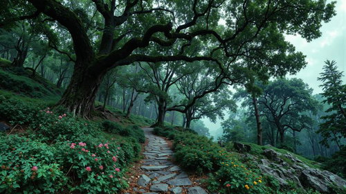 霧に包まれた山道の石段と苔むした古木