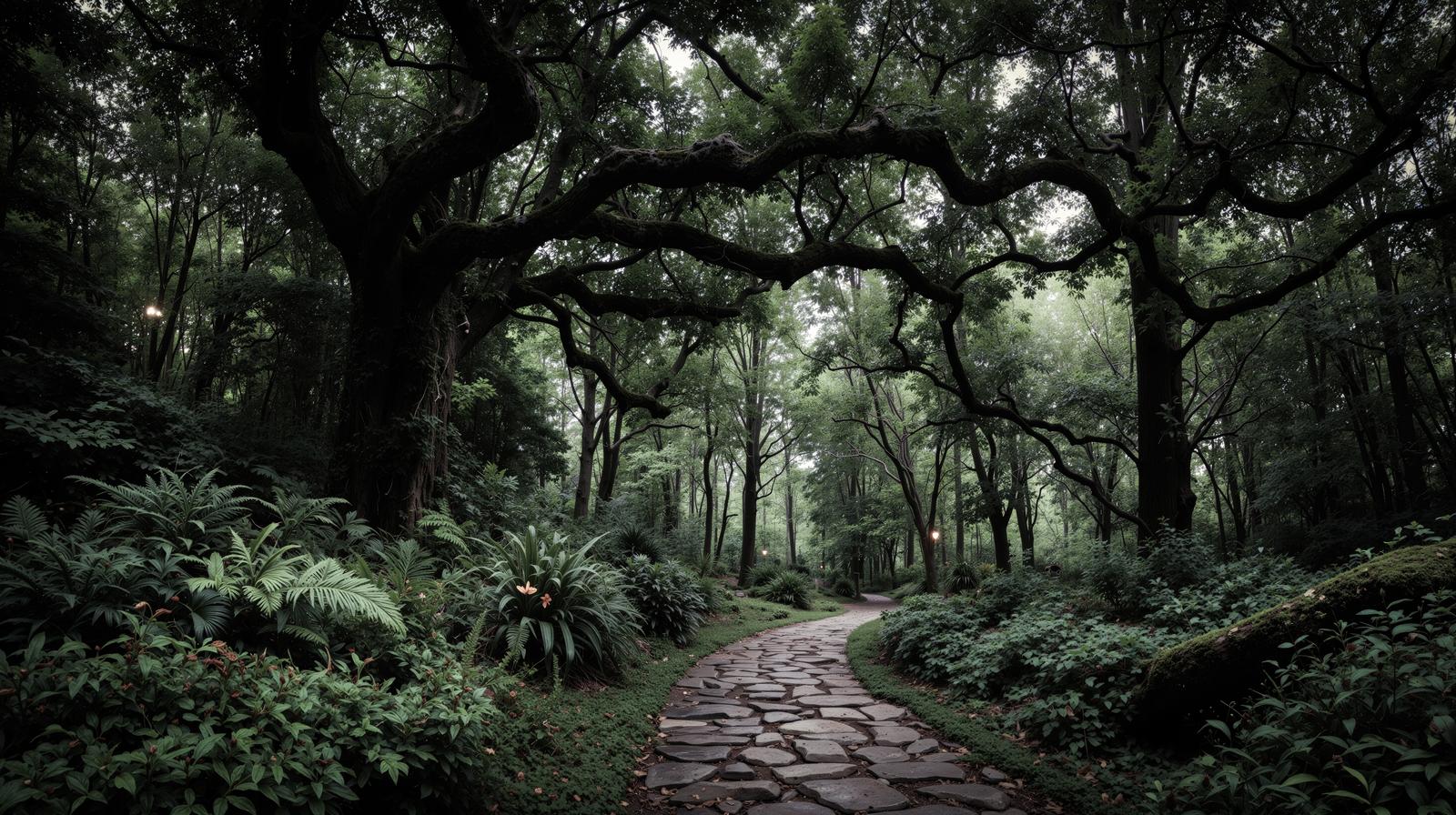 A winding stone walking trail through the forest