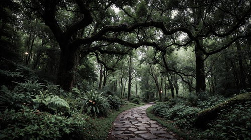 森の中を曲がりくねって続く石畳の小道