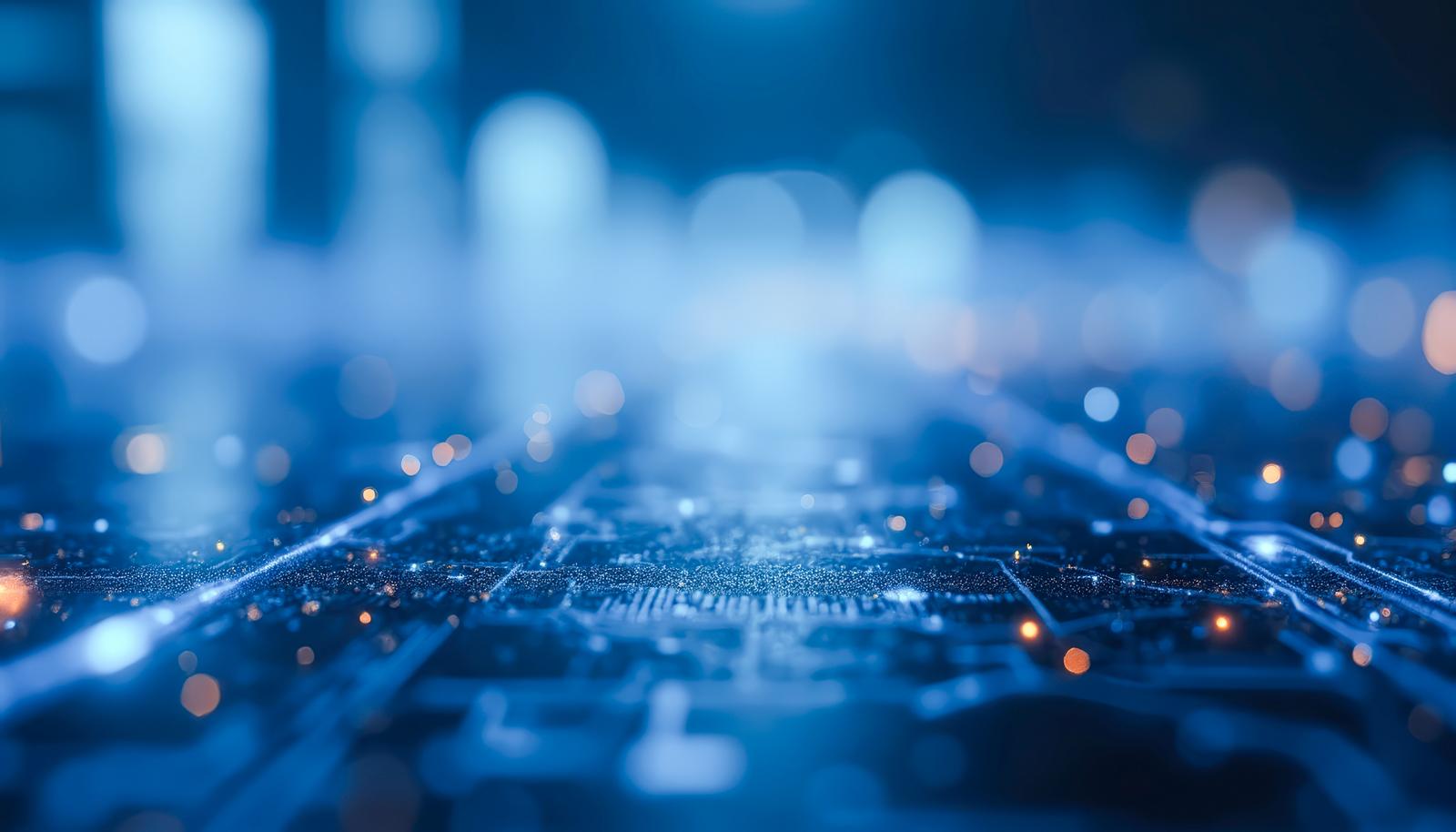 青く光る電子回路の表面と奥に広がる光のボケを捉えたAI画像