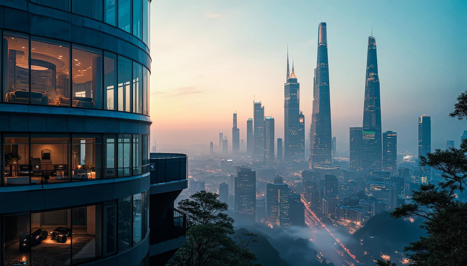 夕暮れの霞の中にそびえる塔状の高層ビル群と手前の曲面ガラス建築
