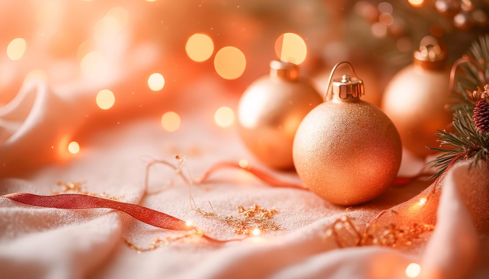ゴールドのクリスマスオーナメントと赤いリボン、暖色のボケた光に包まれた装飾