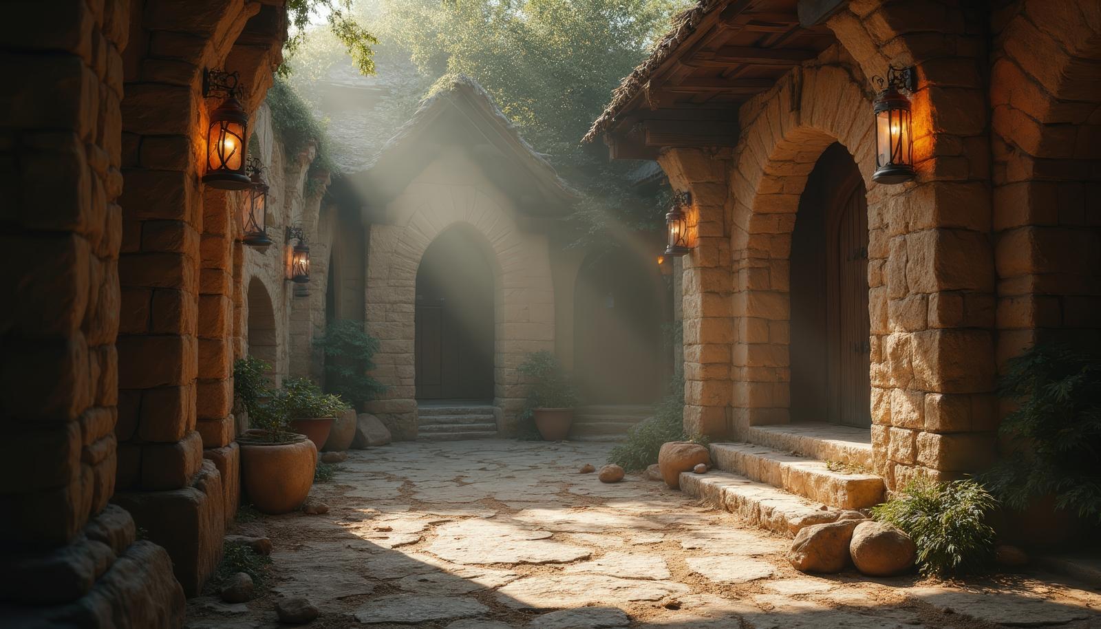 Misty ancient stone alley lined with illuminated stone arches and lanterns