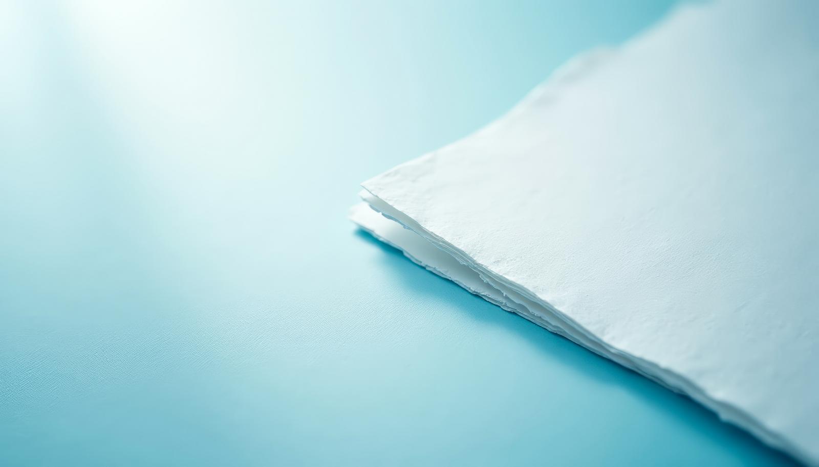 水色のテーブルに重ねて置かれた、縁がちぎれた白い和紙
