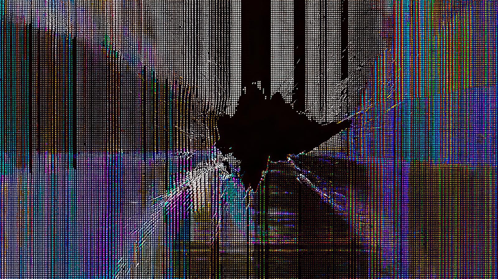 液晶ディスプレイの破損によるひび割れとドット抜けが映る画面