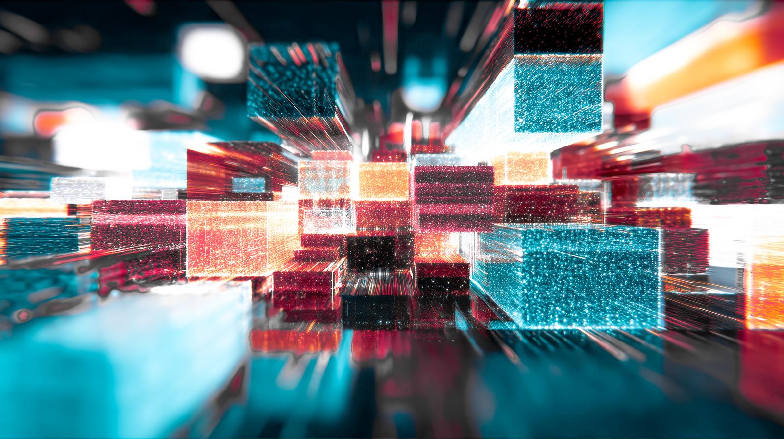 ノイズとドット状のピクセルで描かれたサイバー風の都市空間、ティール色とオレンジ色の光が交差する