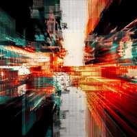 光とノイズが織り成すサイバー都市の黎明 デジタルグリッチの写真