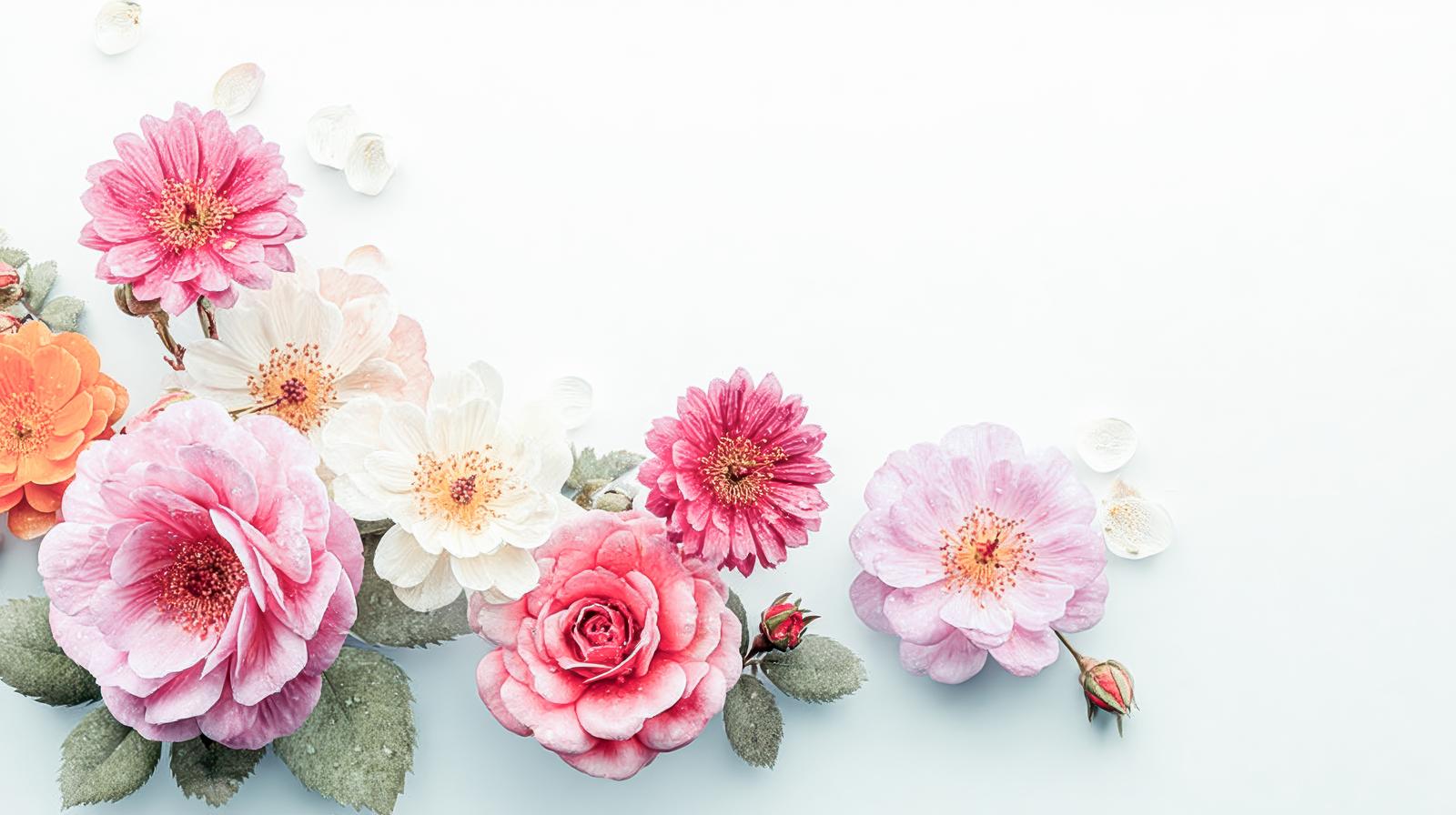 水滴に光るピンク系の花々の集合