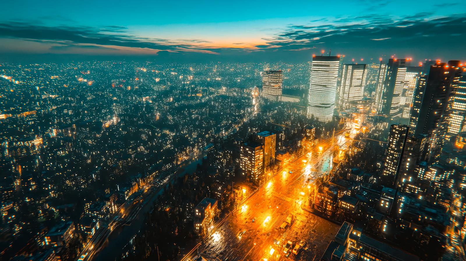 夜の大都市を高所から見下ろした俯瞰夜景