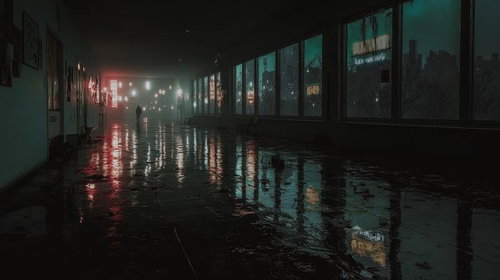 濡れた床にネオンの光が反射する薄暗い廊下