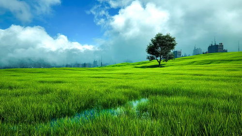 緑あふれる草原と雲に沈む都市