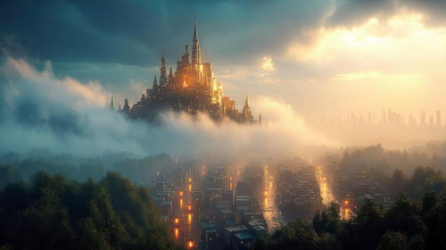 霧に包まれた城とファンタジーの街並み