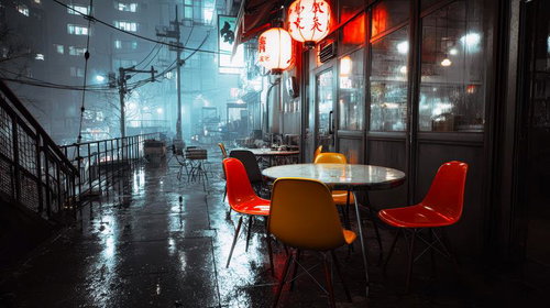 雨に濡れた夜の路地裏の赤ちょうちんが灯る居酒屋