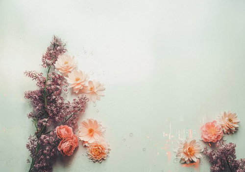 フラワーアレンジメントと花材散らしの背景