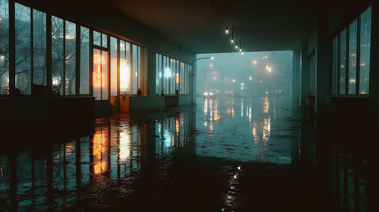 霧の夜、ネオンが反射する雨上がりの都会の通路