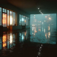 雨上がりの霧に沈む都会の通路のAI画像