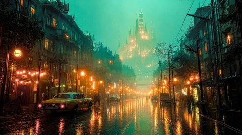 ネオンと街灯が反射する雨で濡れた車道