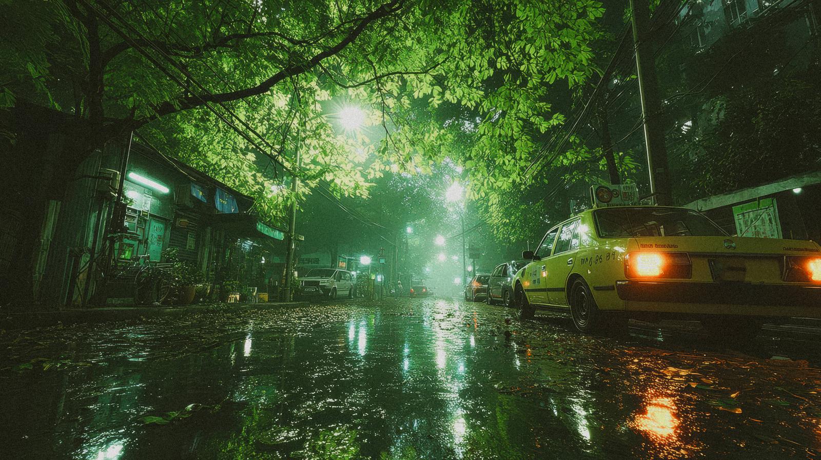 雨上がりの夜道に停まるタクシー