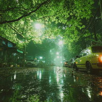 雨上がりの静かな夜道に灯るタクシーのテールランプの写真
