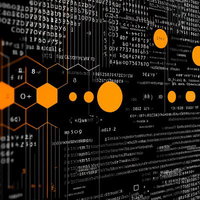 無数の英数字や記号が複雑に重なり合うサイバー空間の写真