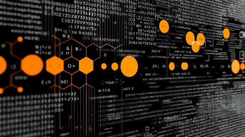 無数の英数字や記号が複雑に重なり合うサイバー空間