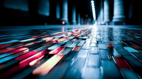 スピード感ある夜の街路と路面