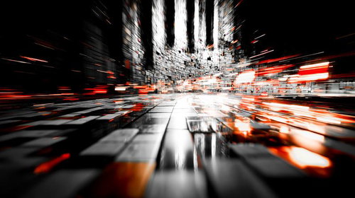 床面に映り込む光とビル群を貫くように伸びる光線