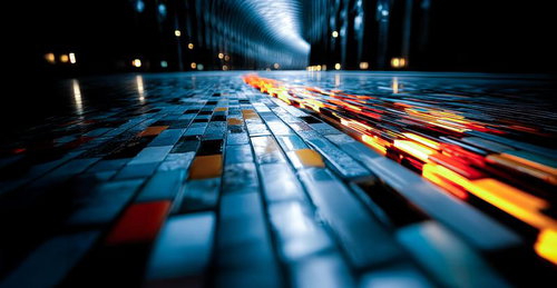 カラフルな反射が光る近未来的な歩道