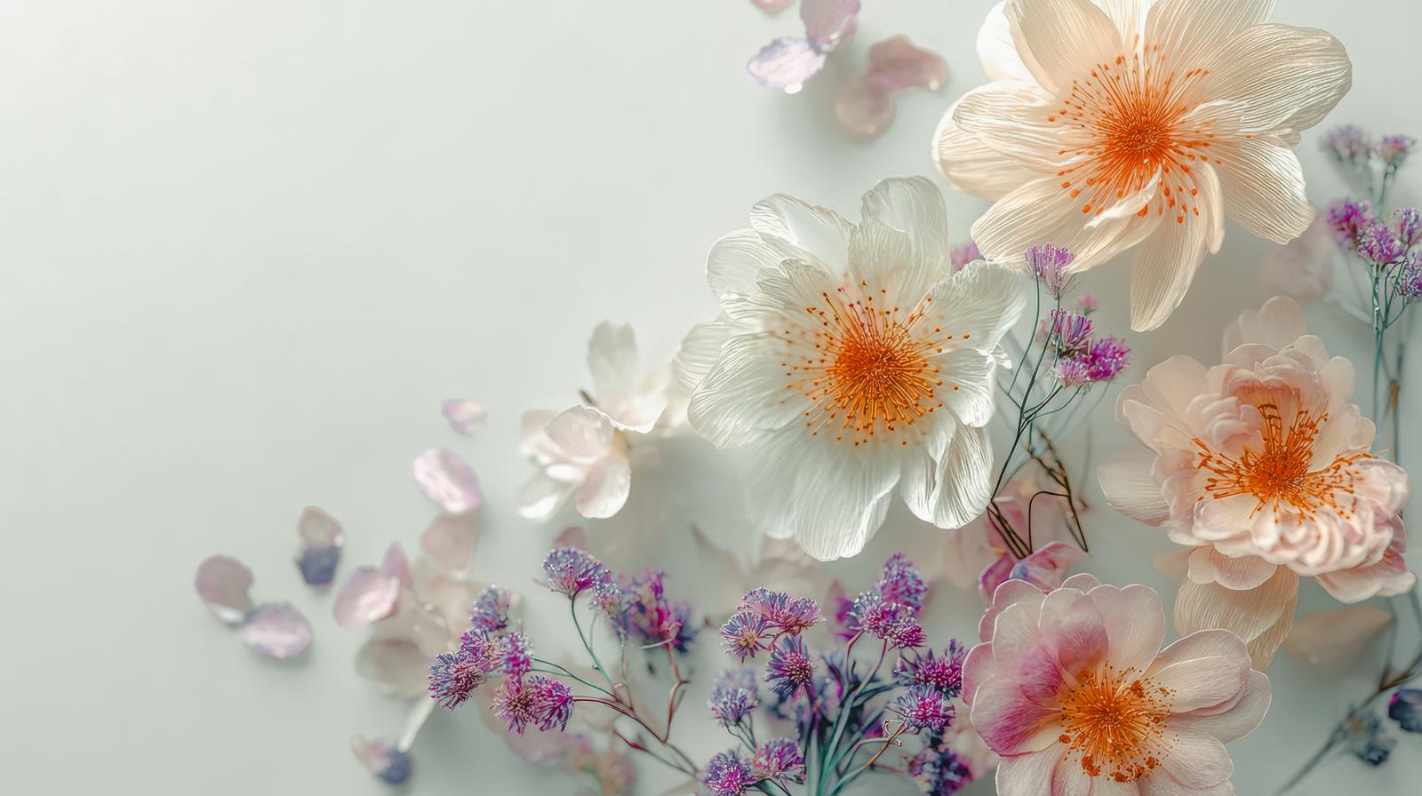 ピンクの大輪の花と小花のフラワーアレンジメント