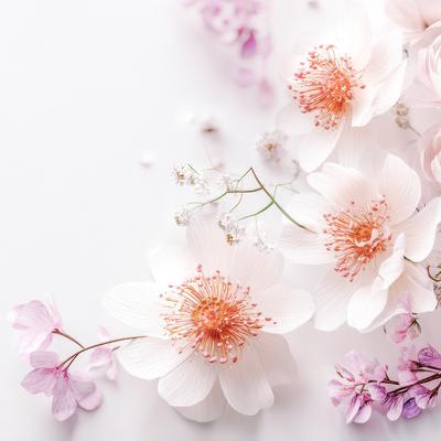 アネモネとバラの上品なフラットレイ花アートの写真