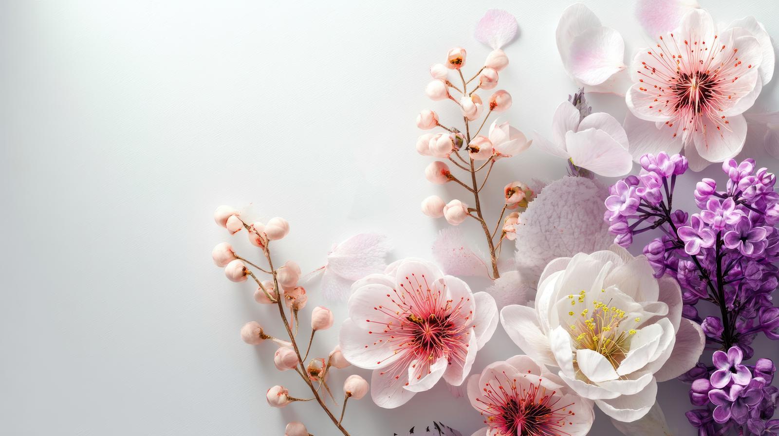 ピンク、紫、オレンジの花が左右対称に配置されたフラワーアレンジメント