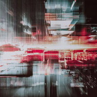 ドットパターンで描かれた都市風景がグリッチのように歪むデジタルノイズの写真