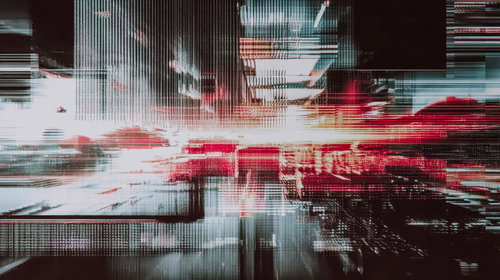 ドットパターンで描かれた都市風景がグリッチのように歪むデジタルノイズ