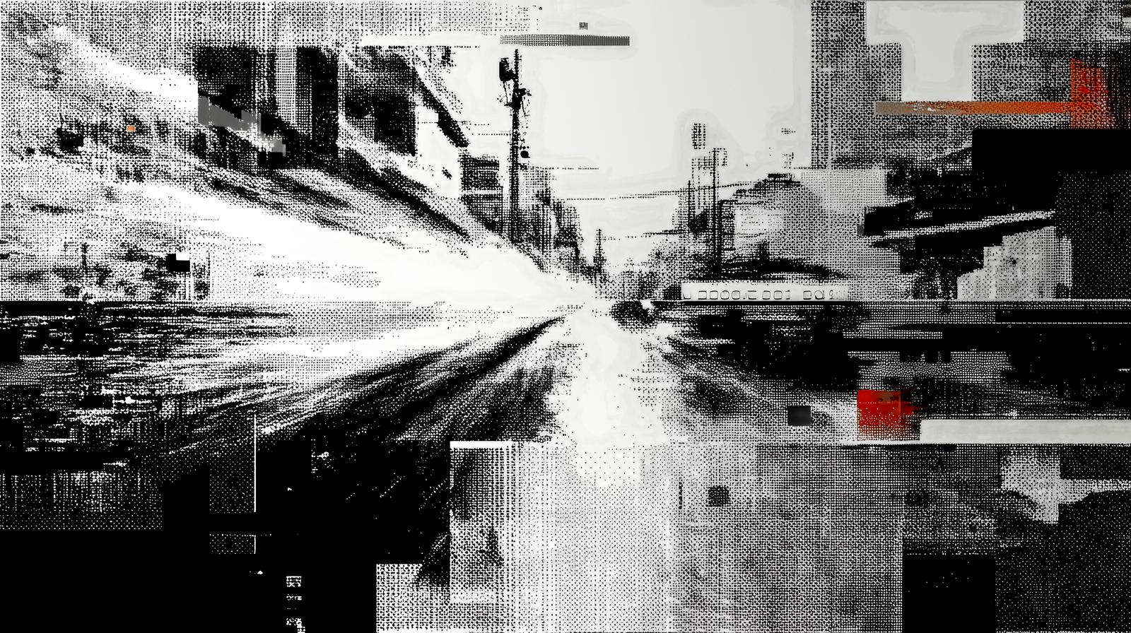 グリッチノイズで歪む都市の街路のドットアート