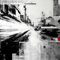 ドットパターンで描かれた都市風景がグリッチのように歪む様子の写真