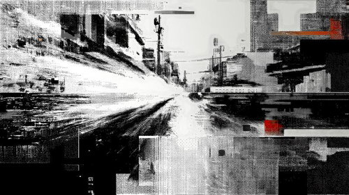 ドットパターンで描かれた都市風景がグリッチのように歪む様子