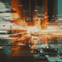 オレンジとシアンを基調としたグリッチアートの写真