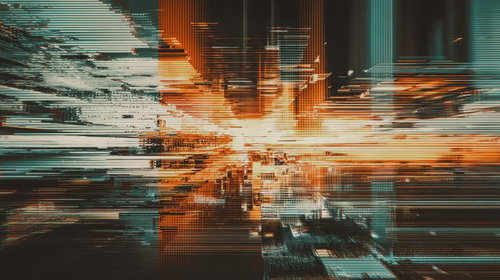 オレンジとシアンを基調としたグリッチアート